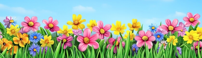 Colorful flowers bloom in a sunny meadow. Spring nature background