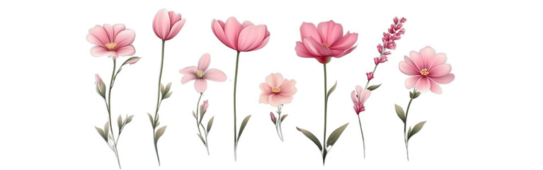 Fototapeta premium Vibrant_spring_wildflowers_in_various_sizes_and_transparent background - Set of pink flowers isolated on a transparent background