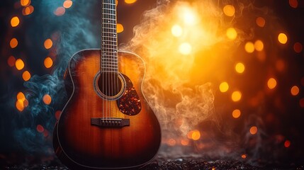 Naklejka premium Acoustic guitar illuminated by colorful bokeh lights and smoke, creating a vibrant musical atmosphere