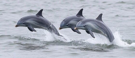 Fototapeta premium Three Dolphins Leap Gracefully Through Ocean Waves Joyful Marine Wildlife Scene