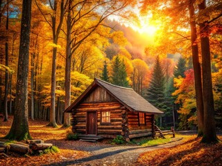 Secluded Log Cabin in Deep Woods, Autumn Scenery, High-Resolution Stock Photo
