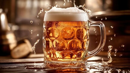 National Rotate Your Beer Day Refreshing beer mug with splash in rustic setting for beverage promotions