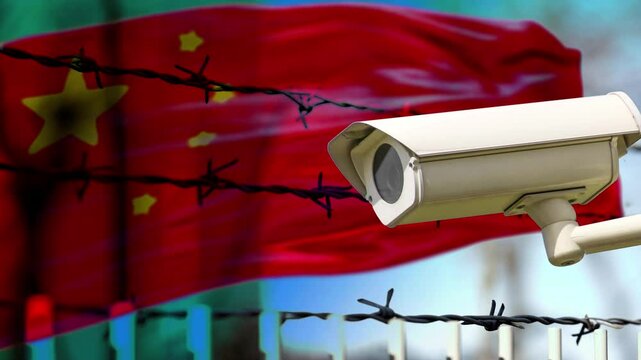 The flag of China and a camera as a symbol of a surveillance state