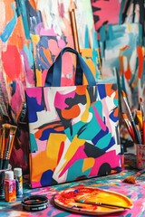 Vibrant abstract art supplies display with colorful canvas and painting tools