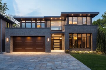 Contemporary home with smooth stone drive and dusk lighting.