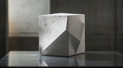 International Museum Day Geometric stone sculpture on glass surface in soft light