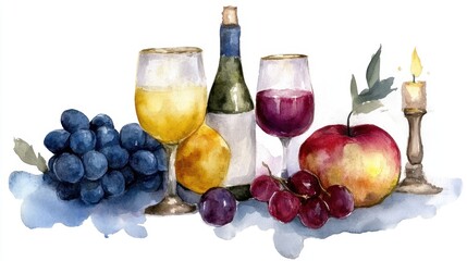 Watercolor still life: grapes, wine, fruit, candle, and glasses Ramadan Begins