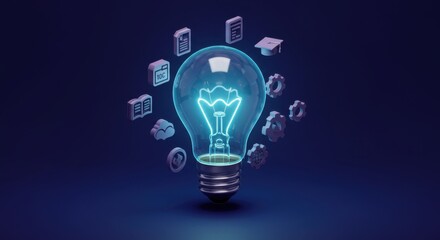 Innovative light bulb with digital icons symbolizing knowledge and technology