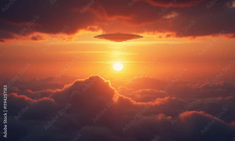 Poster UFO hovering at sunset above clouds