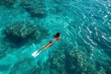 Obraz premium Slim young woman snorkeling in crystal-clear turquoise water, vibrant coral reefs below, tropical holiday adventure