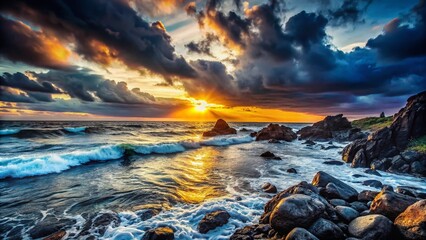 Obraz premium Silhouetted Grey Rocks in the Ocean at Sunset - Dramatic Coastal Scene