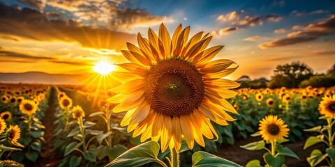 Fototapeta premium Silhouetted Sunflower Close-Up: Golden Hour Field Bloom
