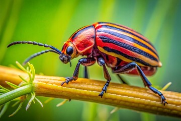 Naklejka premium Silhouette Macro Photography: Red and Black Striped Beetle on Plant Stem