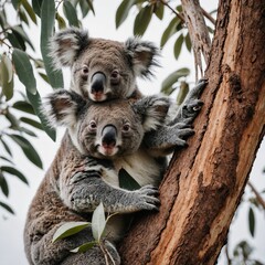 Obraz premium A peaceful koala family clinging to a tree on a white background.