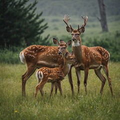 Obraz premium A beautiful deer family grazing in a meadow with a white background.