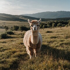 Fototapeta premium A peaceful alpaca grazing in a meadow on a white background.