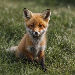 Fototapeta premium A charming fox cub playing in the grass on a white background.