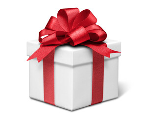 赤いサテンのリボンをかけた白いプレゼントボックス