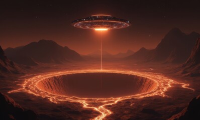 Alien spaceship hovering above lava landscape.