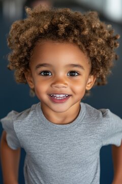 National Preschool Health and Fitness Day Happy young african child smiling indoors wearing gray shirt