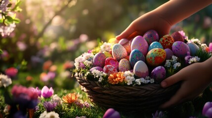Colorful easter eggs in basket with flowers in sunlit garden