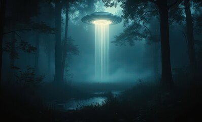 Mysterious UFO hovering in a foggy forest