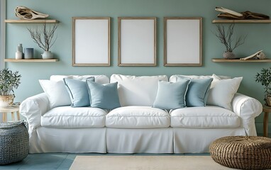 Coastal living room, white sofa, teal walls, calming decor, mockup frames