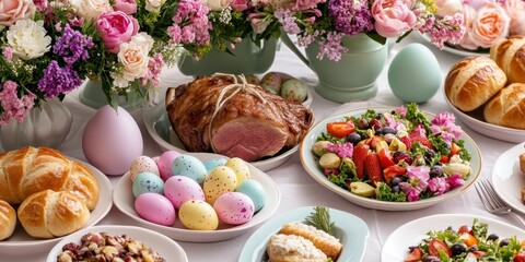 Elegant easter brunch with pastel eggs, floral arrangements, and fresh spring dishes