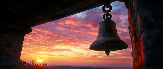 Sunrise bell tower landscape; peaceful dawn