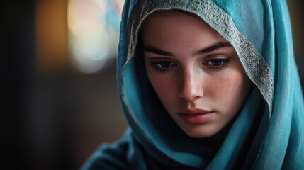 Assumption of mary theme with serene model in blue shawl