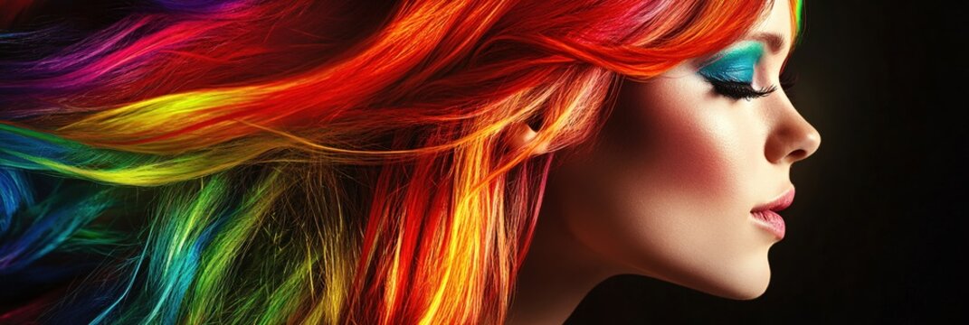 Vibrant Rainbow Hair Woman Profile Dramatic Beauty Shot