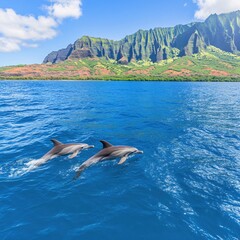 Fototapeta premium Dolphins Leap in Turquoise Ocean Tropical Cliffs Background