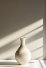 minimalist white vase is illuminated by soft window light, casting gentle shadows.