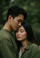 Naklejka premium Romantic couple embracing in serene nature setting