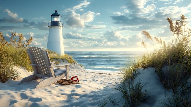 A rustic lounge chair nestled in sand dunes near a picturesque lighthouse, nautical details like a coiled rope and a life preserver creating a cozy atmosphere,