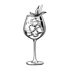 Sketch of Alcoholic cocktail with mint and ice cubes. Glass of drink. Isolated black and white vintage engraving. Hand drawing. Vector illustration long drink beverage for holiday celebrating.