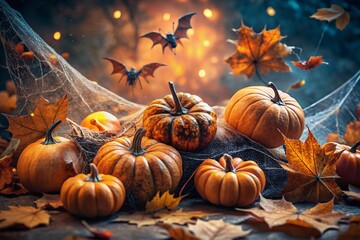 Naklejka premium Spooky Autumn Still Life: Orange Pumpkins, Spiderwebs, Bats & Ghosts