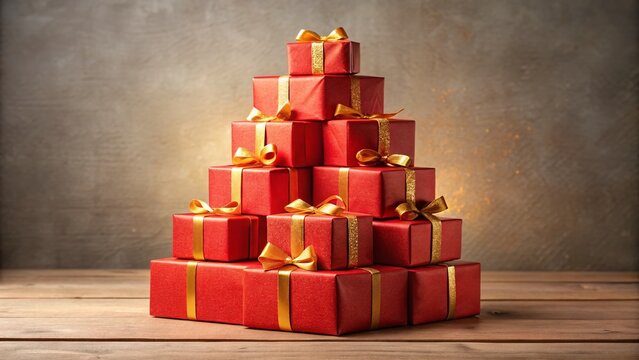 Stack of Red Gift Boxes with Golden Ribbons - Pyramid Shaped Holiday Presents