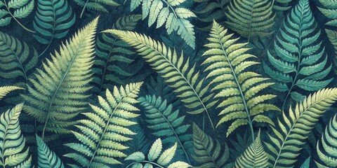 Lush green fern leaves pattern with tropical foliage on dark background