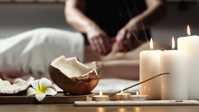 Items for spa treatments in a modern spa setting: candles, incense, essential oils, and towels, creating a relaxing atmosphere for wellness and rejuvenation.
