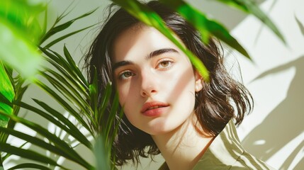Fototapeta premium Serene Portrait: Woman Amidst Lush Greenery
