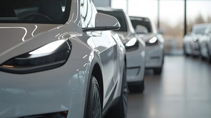 Fototapeta premium Modern electric vehicles lined up at dealership lot showcasing sustainable transportation solutions and the future of eco-friendly mobility