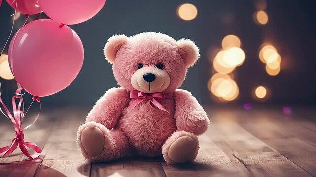 Adorable teddy bear holding pink balloons perfect designing heartfelt Mother's Day cards  