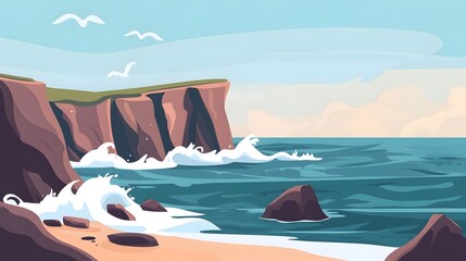 Scenic tropical island with mountains, ocean, and beach, featuring a boat, palm trees, and clear blue skies, perfect for a vacation getaway