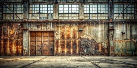 A Weathered Industrial Building Exterior with Rusted Walls, Paned Windows, and a Wooden Door