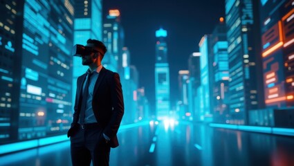 Fototapeta premium Futuristic Business Vision: A Professional Leader Embracing Digital Transformation, Innovation, and Virtual Reality in a High-Tech Urban Landscape.