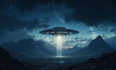 Eerie UFO hovering over a mountain landscape