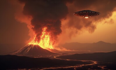 Alien spacecraft hovering above erupting volcano