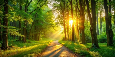 Fototapeta premium Sunlit Summer Forest Path: HD Wallpaper, Morning Woods Scene