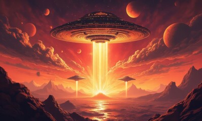 Futuristic UFO with planets and sunset glow